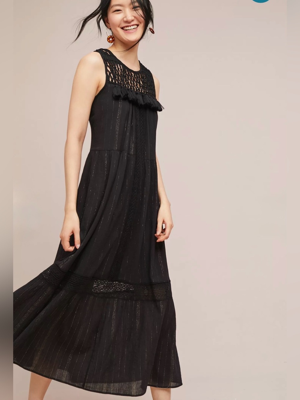 Anthropologie Maeve Abilene Black Crochet Tassel Maxi Dress XS Boho Flowy Summer